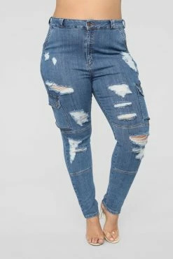 Fashion Nova Don't Push Me Cargo Jeans - Medium Blue Wash Skinny Jeans