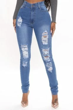 Fashion Nova Tempe Distressed Jeans - Medium Blue Wash Skinny Jeans