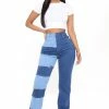 Fashion Nova Breaking Barriers Patchwork Straight Leg Jeans - Medium Blue Wash