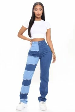 Fashion Nova Breaking Barriers Patchwork Straight Leg Jeans - Medium Blue Wash