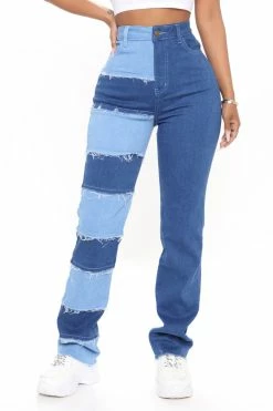 Fashion Nova Breaking Barriers Patchwork Straight Leg Jeans - Medium Blue Wash