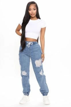 Fashion Nova Take The Lead Ripped Denim Joggers - Medium Blue Wash