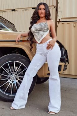 Fashion Nova Va Va Voom V-Front Stretch Flare Jeans - White