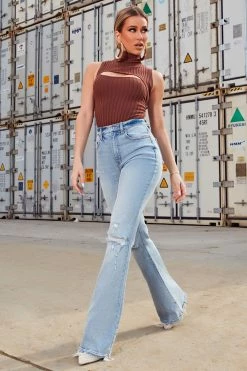 Fashion Nova Rough Rider Distressed Flare Jeans - Light Blue Wash