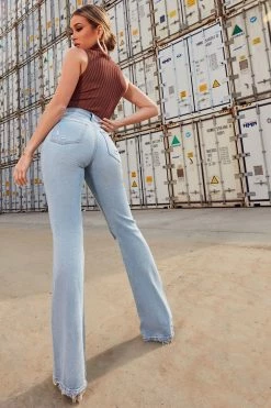 Fashion Nova Rough Rider Distressed Flare Jeans - Light Blue Wash