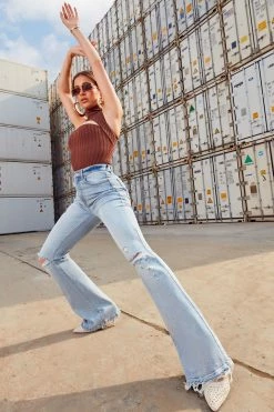 Fashion Nova Rough Rider Distressed Flare Jeans - Light Blue Wash