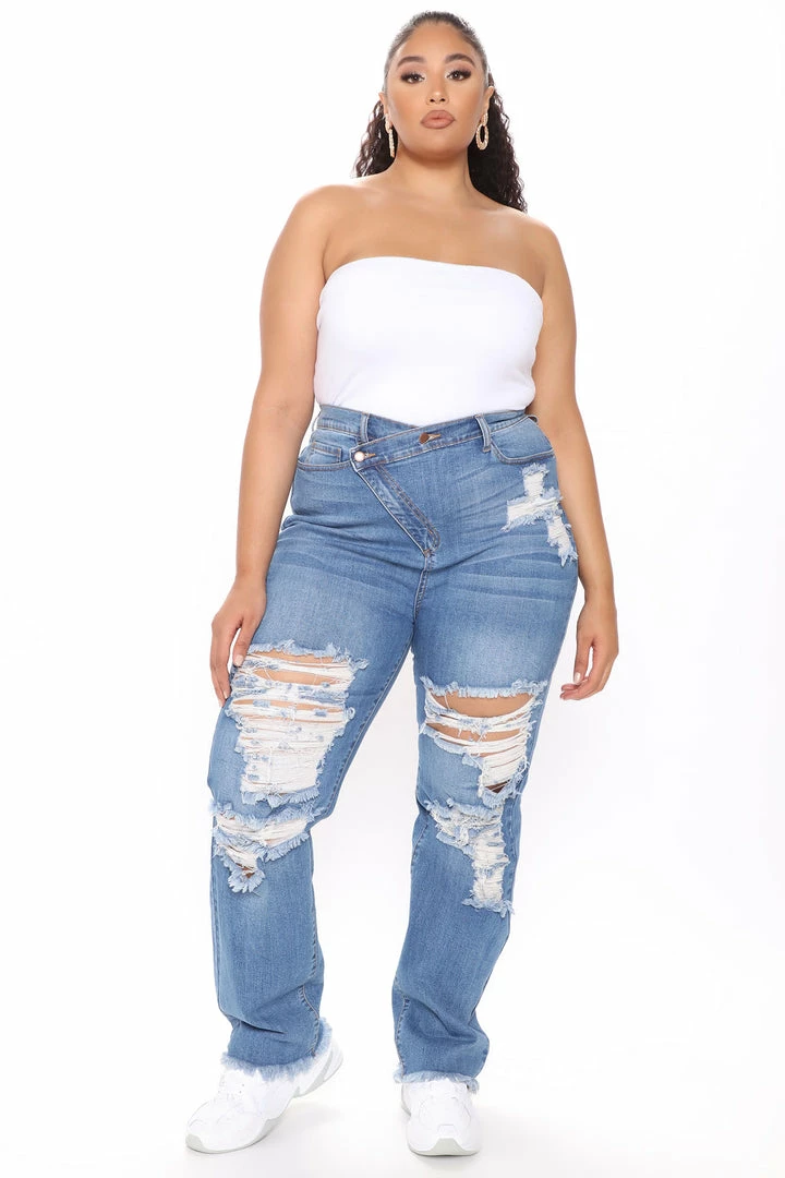 Fashion Nova Straight Leg Jeans Don't Get Crossed Over Slouch Fit Jeans - Medium Blue Wash