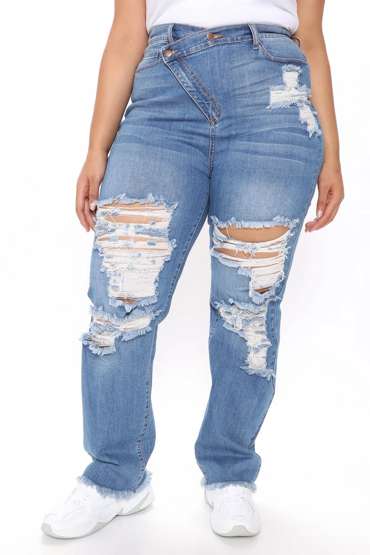 Fashion Nova Straight Leg Jeans Don't Get Crossed Over Slouch Fit Jeans - Medium Blue Wash