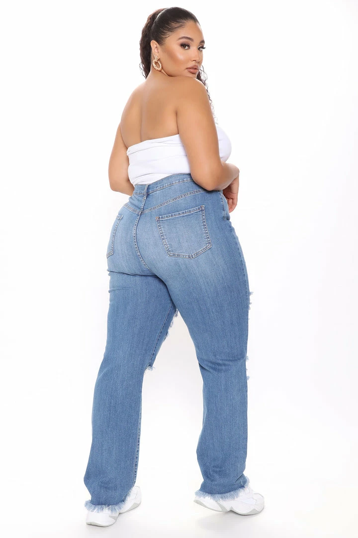 Fashion Nova Straight Leg Jeans Don't Get Crossed Over Slouch Fit Jeans - Medium Blue Wash
