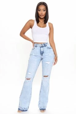 Fashion Nova The Wait Is Over Ripped Flare Jeans - Acid Wash Blue