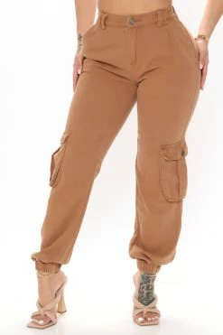 Fashion Nova Baggy Jeans That's Game Cargo Denim Joggers - Cognac