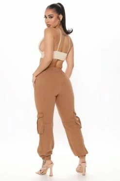 Fashion Nova Baggy Jeans That's Game Cargo Denim Joggers - Cognac