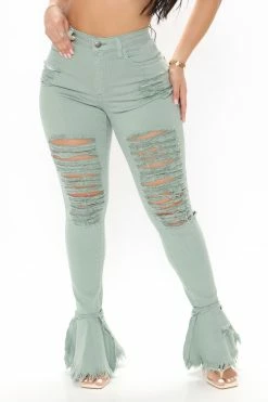 Fashion Nova Fray What You Mean Flare Leg Jeans - Sage Flare Jeans
