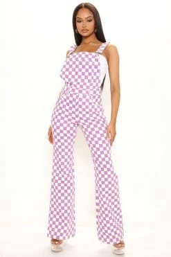 Fashion Nova Give And Chase Flare Stretch Check Overalls - Purple/combo Mom Jeans