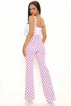 Fashion Nova Give And Chase Flare Stretch Check Overalls - Purple/combo Mom Jeans