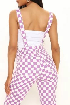 Fashion Nova Give And Chase Flare Stretch Check Overalls - Purple/combo Mom Jeans