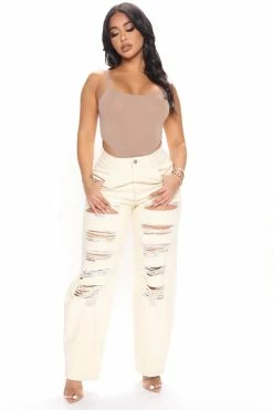 Fashion Nova Never Letting Go Distressed Boyfriend Jeans - Natural/Combo