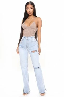 Fashion Nova Straight Leg Jeans Savannah Split Hem Stretch Jeans - Light Blue Wash