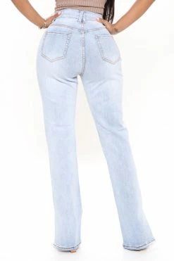 Fashion Nova Straight Leg Jeans Savannah Split Hem Stretch Jeans - Light Blue Wash
