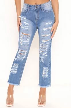 Fashion Nova First Time Ripped Straight Leg Jeans - Medium Blue Wash