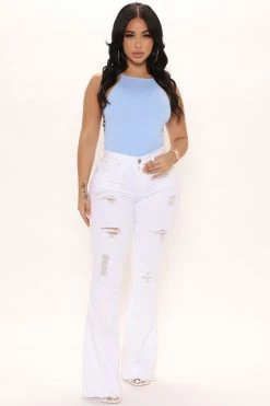 Fashion Nova Dancing Nights Distressed Flare Jeans - White