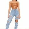 Fashion Nova Lonestar Ripped Straight Leg Jeans - Medium Blue Wash