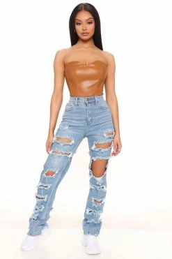 Fashion Nova Lonestar Ripped Straight Leg Jeans - Medium Blue Wash