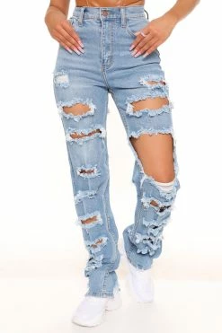 Fashion Nova Lonestar Ripped Straight Leg Jeans - Medium Blue Wash