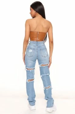 Fashion Nova Lonestar Ripped Straight Leg Jeans - Medium Blue Wash