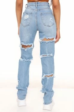 Fashion Nova Lonestar Ripped Straight Leg Jeans - Medium Blue Wash