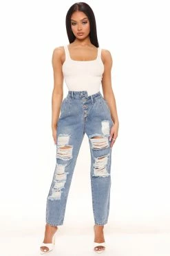 Fashion Nova Crossover Mom Jeans - Medium Blue Wash