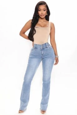 Fashion Nova Exposed Double Button Bootcut Jeans - Light Blue Wash