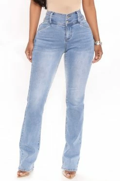 Fashion Nova Exposed Double Button Bootcut Jeans - Light Blue Wash