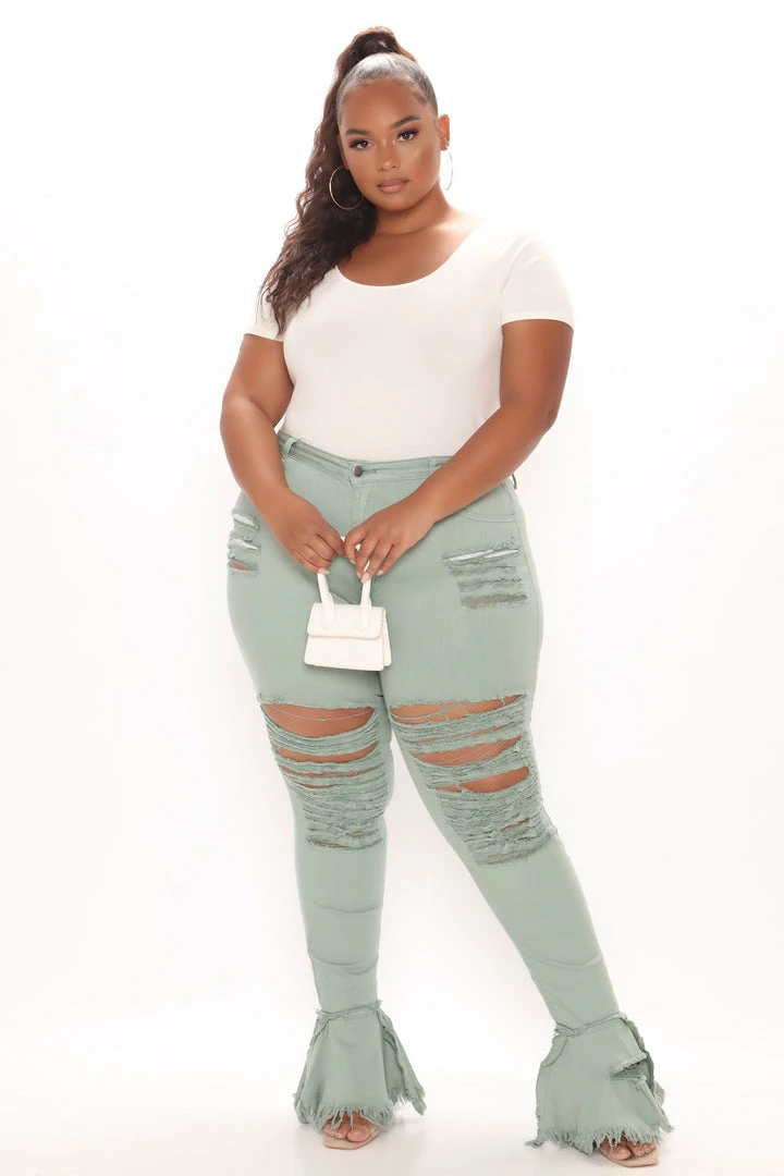 Fashion Nova Fray What You Mean Flare Leg Jeans - Sage Flare Jeans