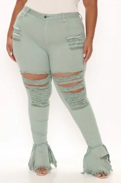 Fashion Nova Fray What You Mean Flare Leg Jeans - Sage Flare Jeans