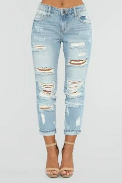 Fashion Nova Jeans Muggin Distressed Boyfriend Jeans - Light Blue Wash
