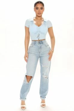 Fashion Nova Classic Tapered Ripped Mom Jeans - Light Blue Wash