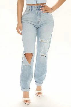 Fashion Nova Classic Tapered Ripped Mom Jeans - Light Blue Wash