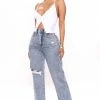 Fashion Nova An Easy Choice Distressed Straight Leg Jeans - Medium Blue Wash