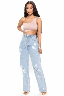 Fashion Nova My Go To Ripped Straight Leg Jeans - Medium Blue Wash