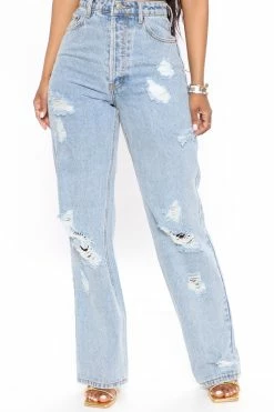 Fashion Nova My Go To Ripped Straight Leg Jeans - Medium Blue Wash
