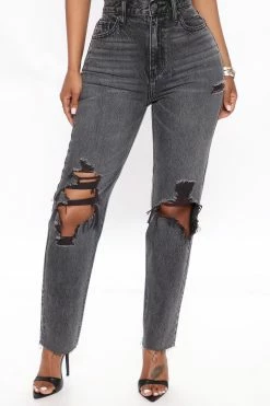 Fashion Nova Make It Rain High Rise Destroy Mom Jeans - Black Wash