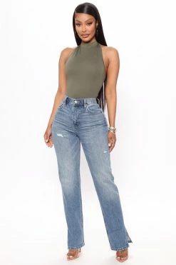 Fashion Nova Stella Side Slit Straight Leg Jeans - Medium Blue Wash