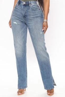 Fashion Nova Stella Side Slit Straight Leg Jeans - Medium Blue Wash