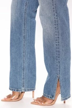 Fashion Nova Stella Side Slit Straight Leg Jeans - Medium Blue Wash