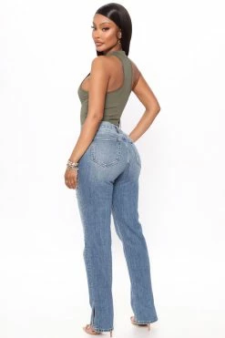 Fashion Nova Stella Side Slit Straight Leg Jeans - Medium Blue Wash