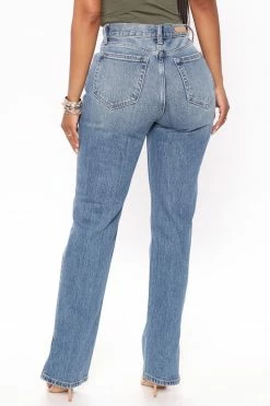 Fashion Nova Stella Side Slit Straight Leg Jeans - Medium Blue Wash