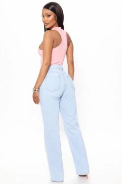 Fashion Nova High Road Straight Leg Dad Jeans - Light Blue Wash Straight Leg Jeans
