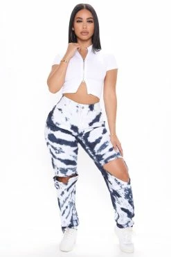 Fashion Nova Stormy Clouds Stretch Tie Dye Mom Jeans - White/Blue
