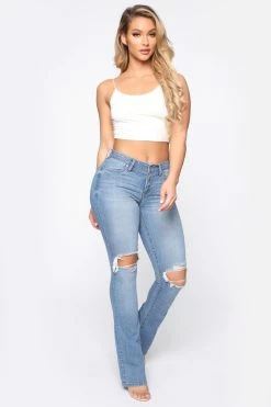 Fashion Nova Bootcut Jeans Jessie Mid Rise Distressed Bootcut Jean - Light Blue Wash